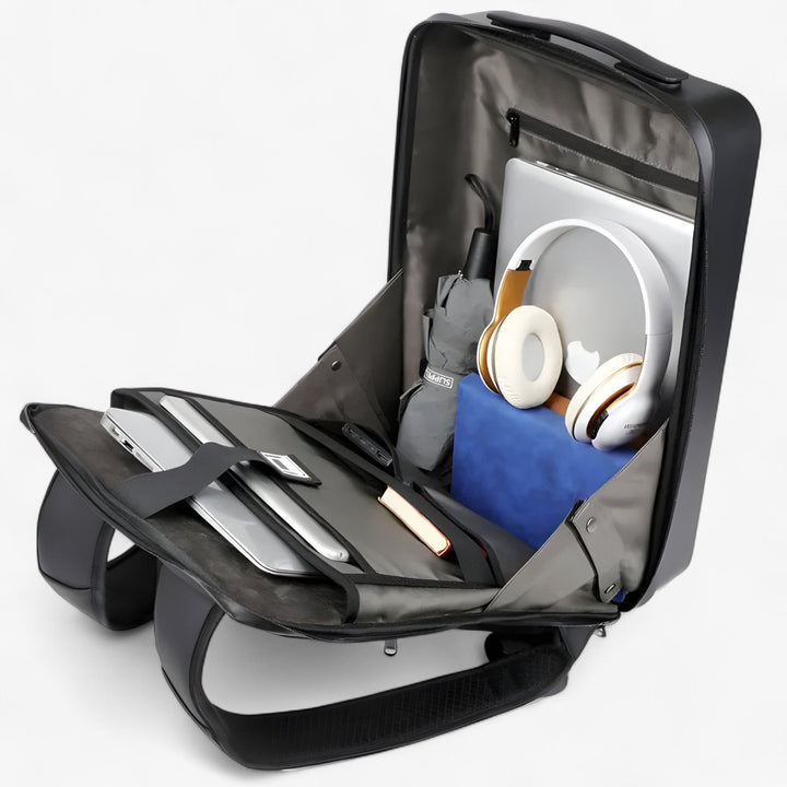 Dettaglio zaino uomo rigido espandibile con scomparto imbottito per laptop, tasche laterali e porta USB.