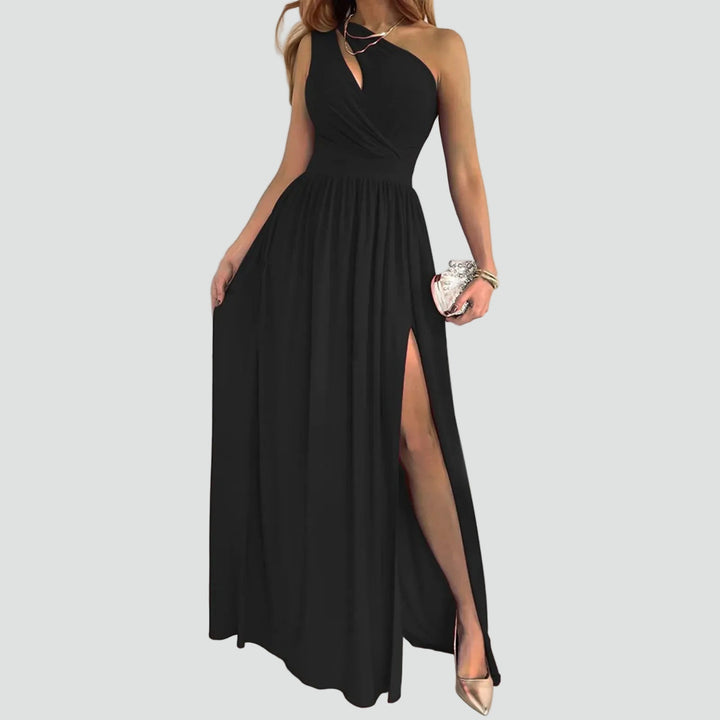 Abito donna asimmetrico con spacco, lungo ed elegante, ideale per serate di gala e cerimonie.