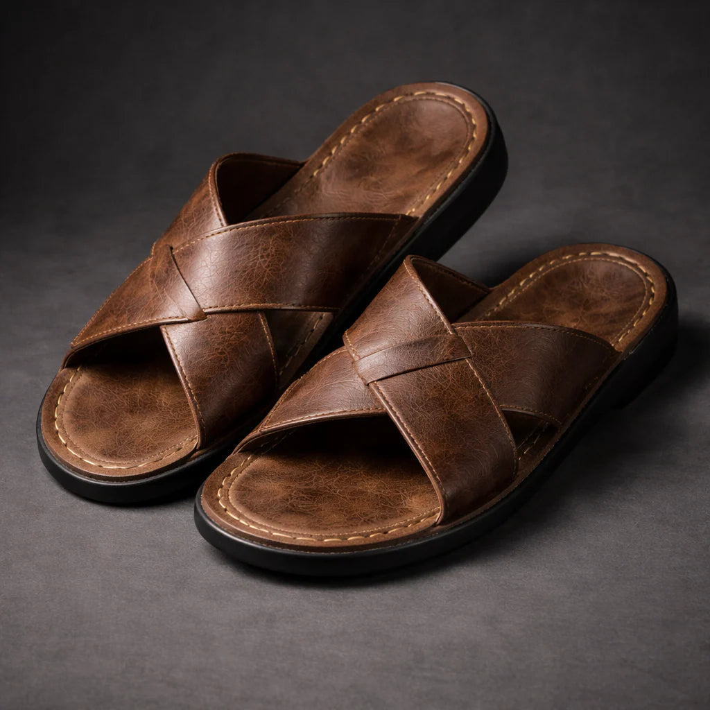 Sandali uomo slip-on con fascia incrociata, ideali per estate e comfort casual.