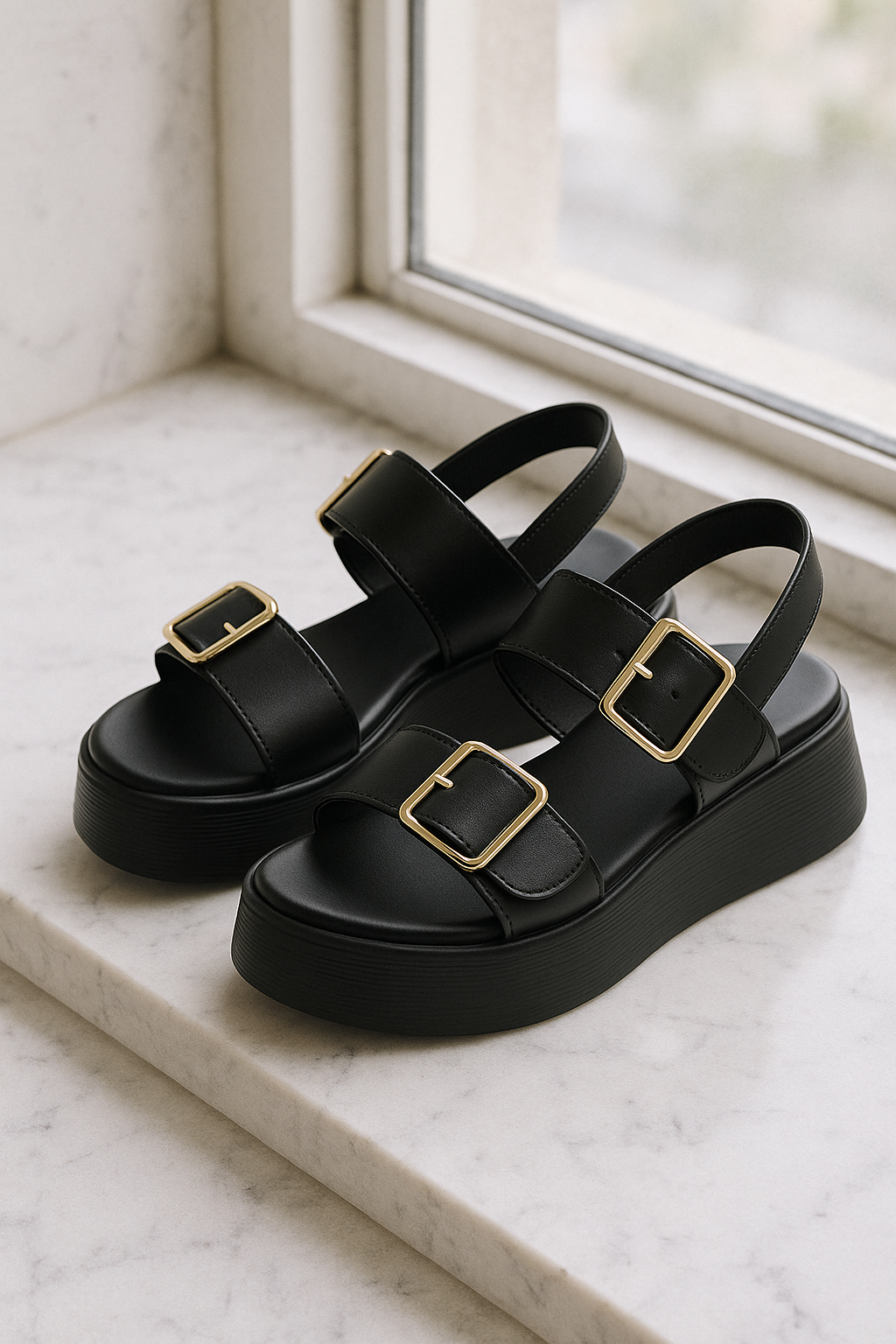 Calzature estive da donna: sandali con plateau, doppia fibbia e design slingback. Per un look chic.