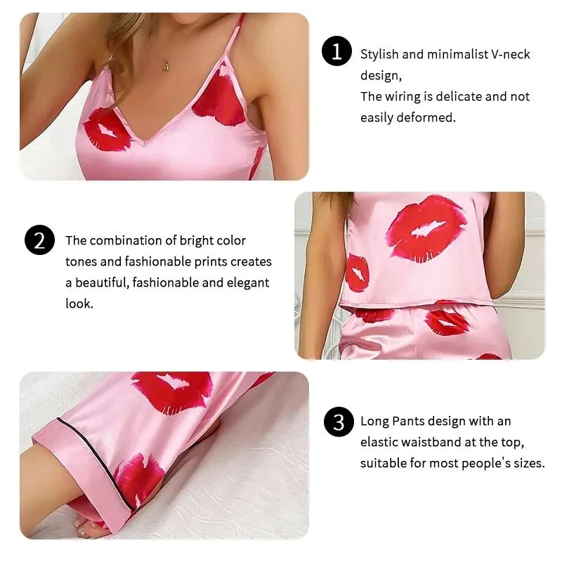 Set pigiama donna lungo, rosa e rosso, con top spalline e pantaloni. Stampa labbra per un look giocoso e comfort totale.