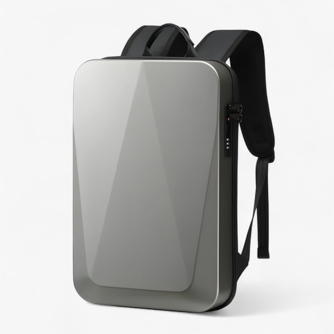 Zaino rigido grigio porta laptop con guscio protettivo per computer, perfetto per sicurezza in viaggio.