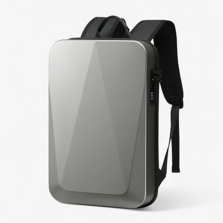 Zaino rigido grigio porta laptop con guscio protettivo per computer, perfetto per sicurezza in viaggio.