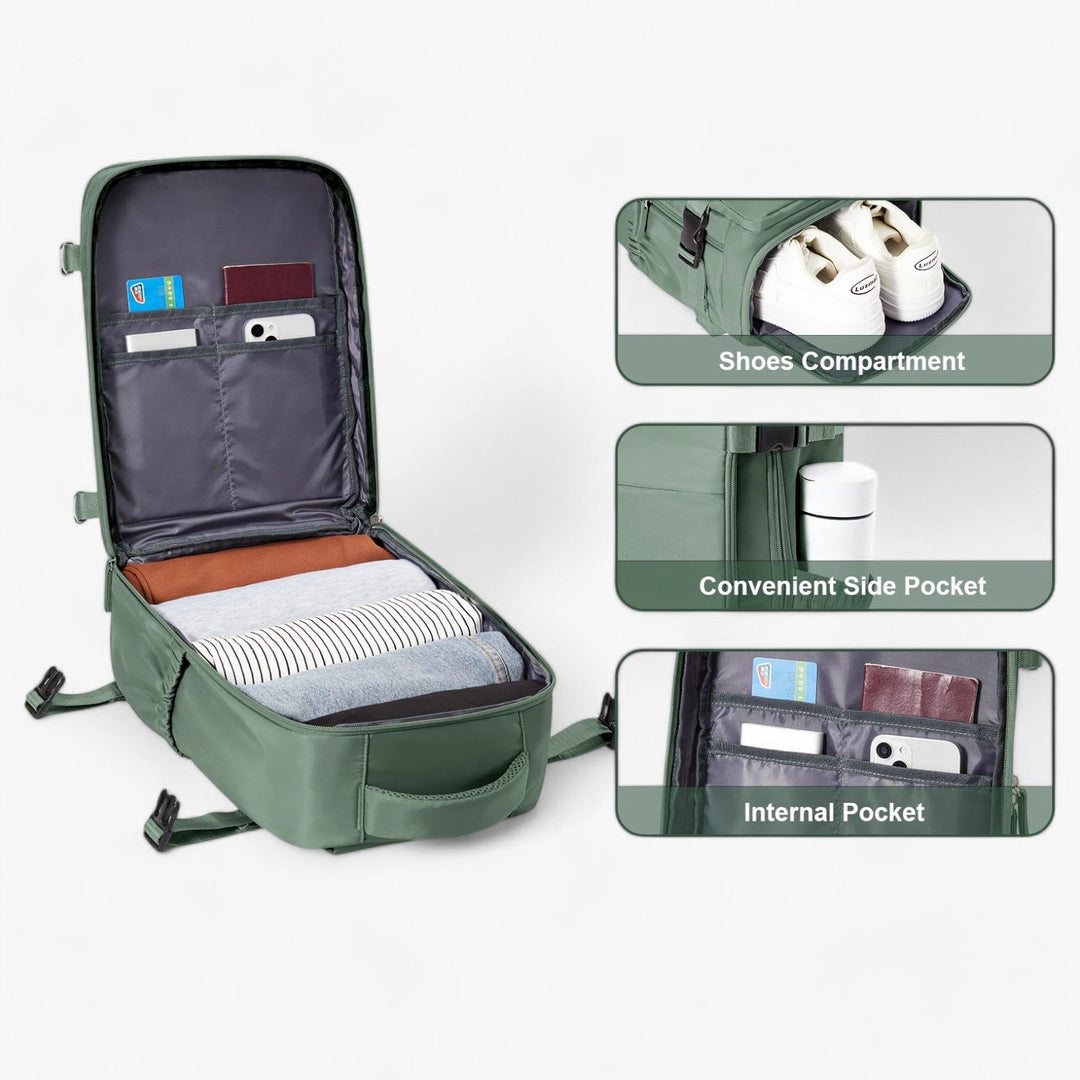 Zaino da cabina uomo verde oliva in tessuto resistente, compatto per viaggi quotidiani.