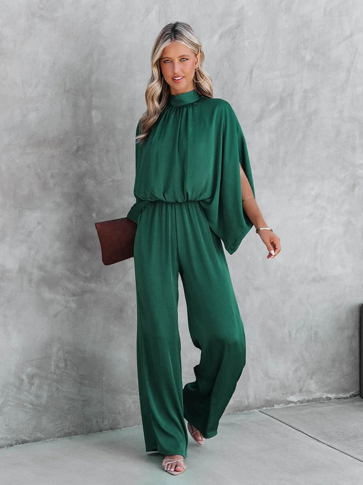Tuta verde elegante donna, con pantaloni ampi. Ideale per cerimonie, eventi, vestito formale o abito da sera.