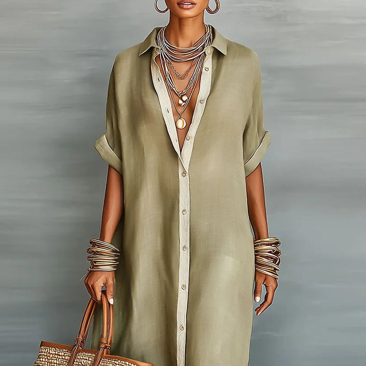 Moda femminile: abito chemisier lungo estivo da donna con bottoni e vestibilità ampia per un look casual elegante.
