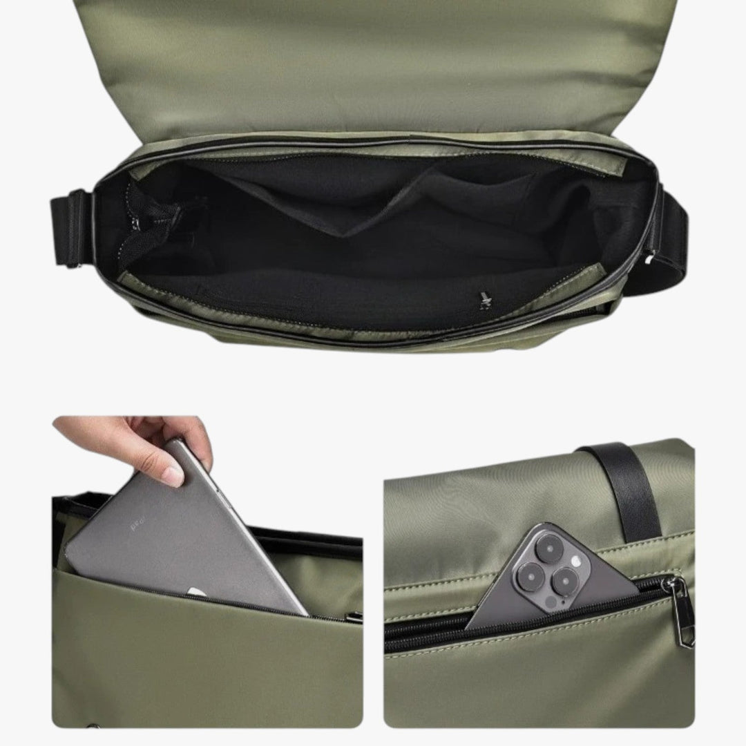 Borsa messenger uomo con tracolla regolabile, comoda per viaggi brevi e uso quotidiano versatile.