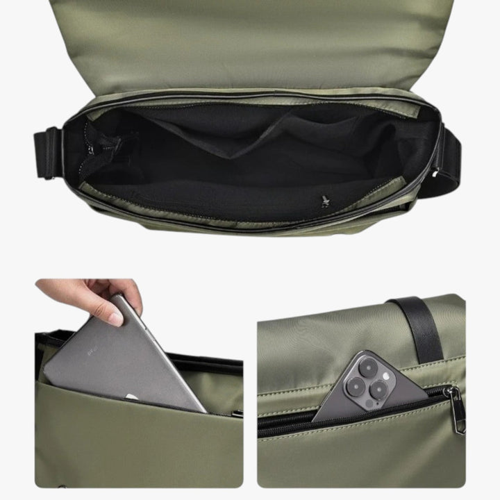 Borsa messenger uomo con tracolla regolabile, comoda per viaggi brevi e uso quotidiano versatile.