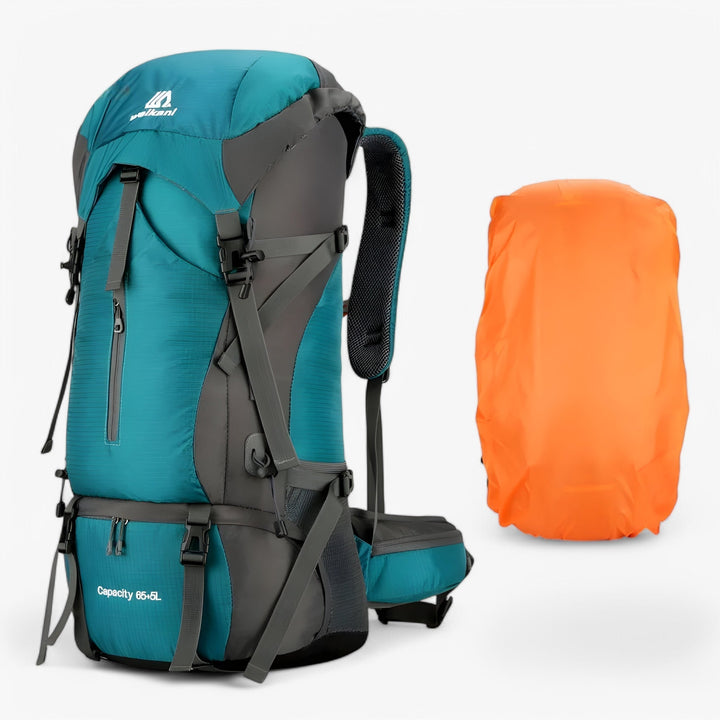 Vista posteriore zaino da trekking 70L uomo, con sistema di supporto lombare per comfort in viaggio.