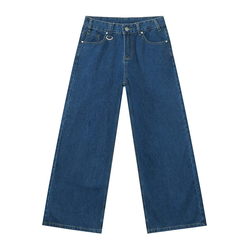 Jeans uomo streetwear, modello baggy a vita alta, lavaggio vintage per moda maschile Y2K autentica.