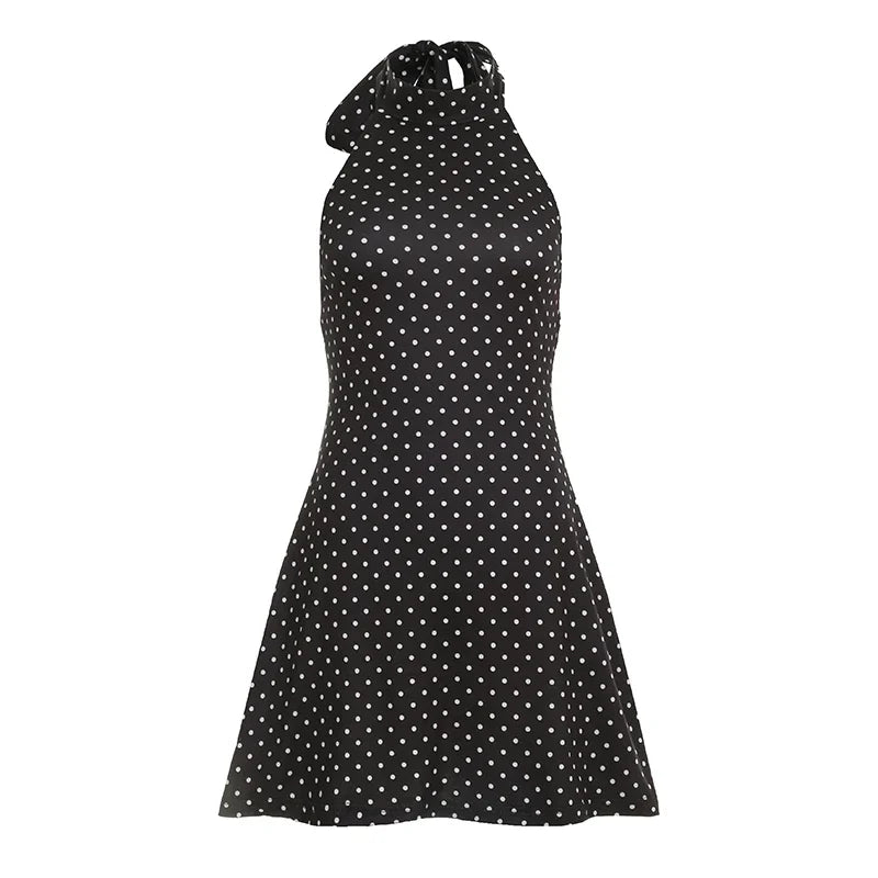Abito donna estivo a pois, nero, stile retrò. Mini vestito elegante con scollo all'americana, perfetto per feste.