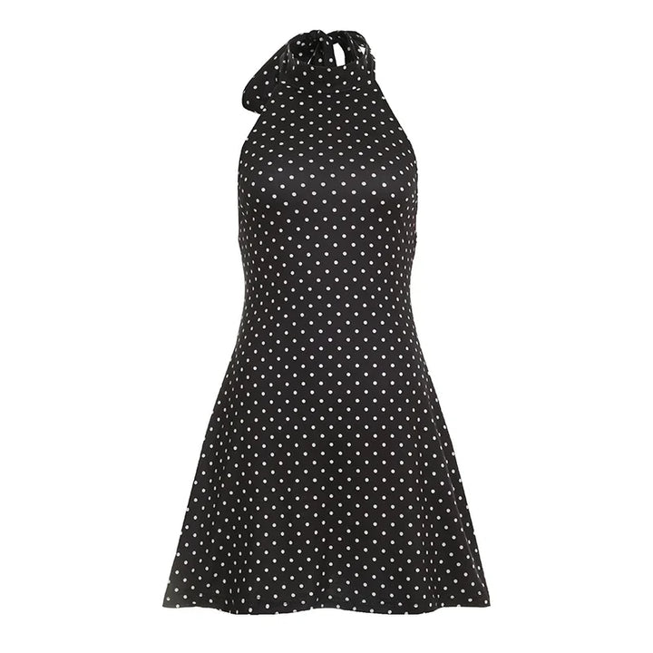 Abito donna estivo a pois, nero, stile retrò. Mini vestito elegante con scollo all'americana, perfetto per feste.