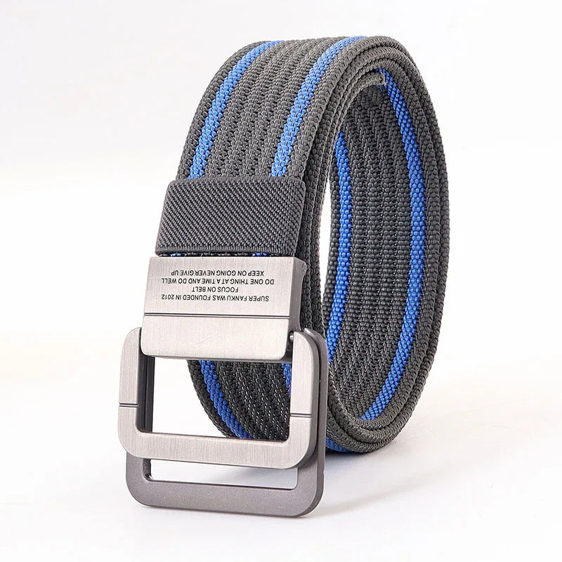 Cintura in tela a righe, design moderno con doppia fibbia ad anello in metallo. Perfetta per stile unisex e casual.