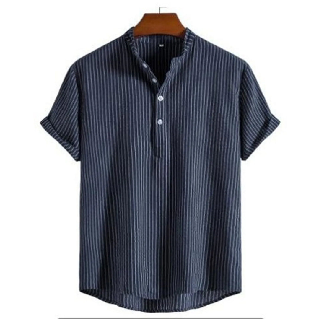Camicia uomo casual chic a righe, maniche corte, colletto coreana, per ogni occasione.