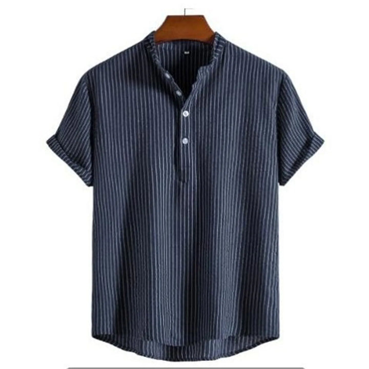 Camicia uomo casual chic a righe, maniche corte, colletto coreana, per ogni occasione.