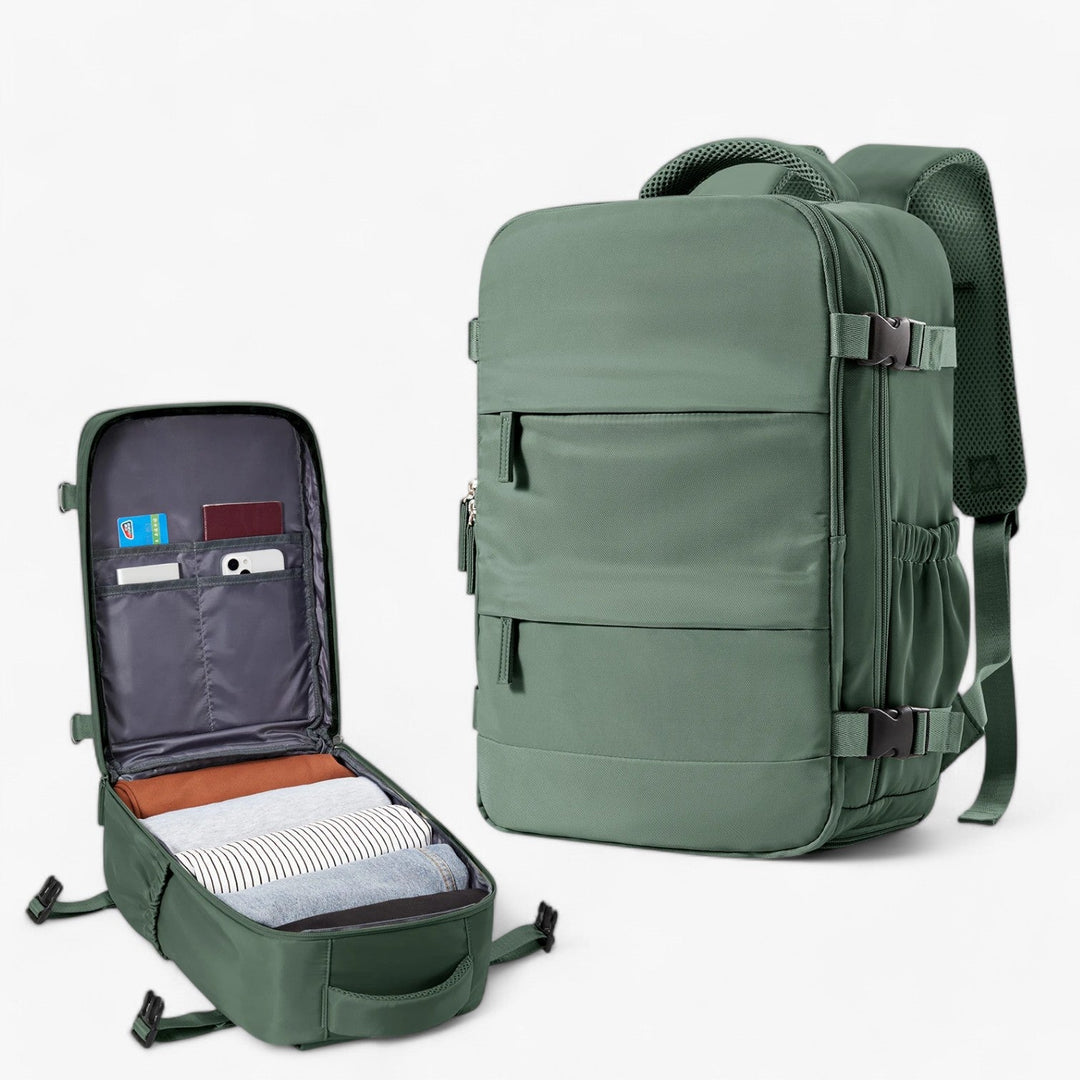 Zaino da viaggio nero uomo compatto, elegante e funzionale per la cabina aerea.