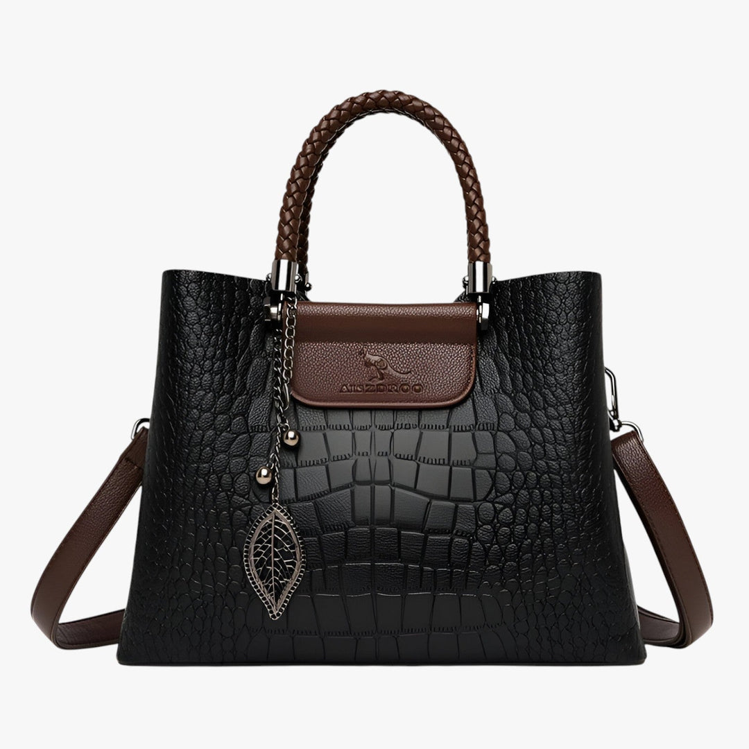 Elegante borsa tote donna marrone scuro, design effetto coccodrillo, accessorio chic.