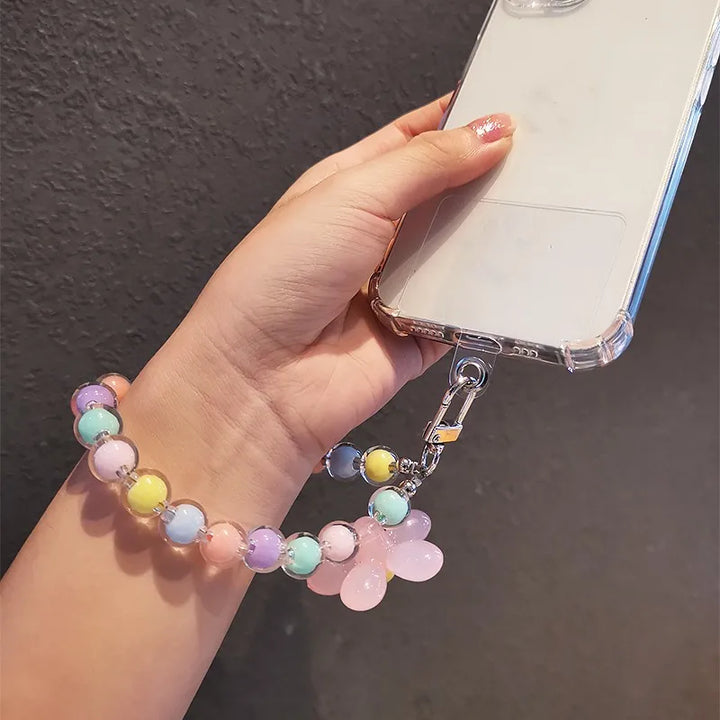 Catenella telefono donna, perline vivaci macaron e fiore, un tocco di moda per il tuo device prezioso.