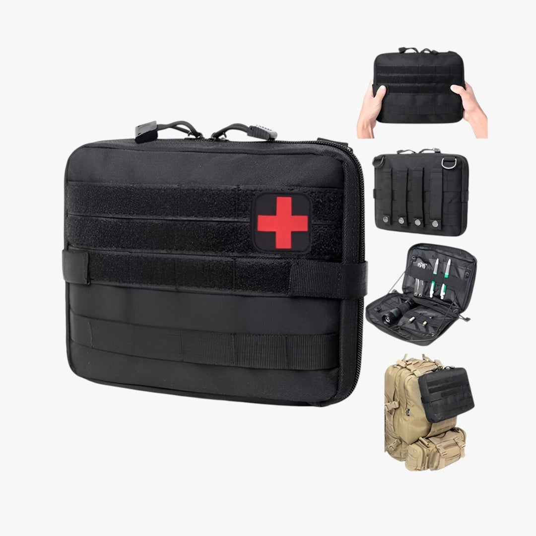 Borsa primo soccorso compatta kaki in tessuto resistente. Organizer medico da viaggio per adulti.