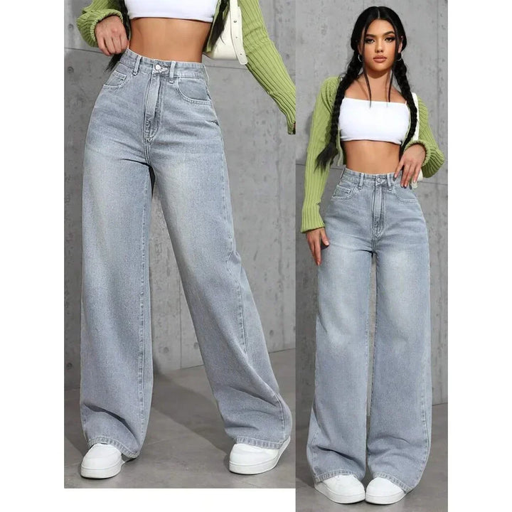 Pantaloni jeans donna vita alta, gamba ampia e vestibilità comoda. Ideali per uno stile casual moderno.