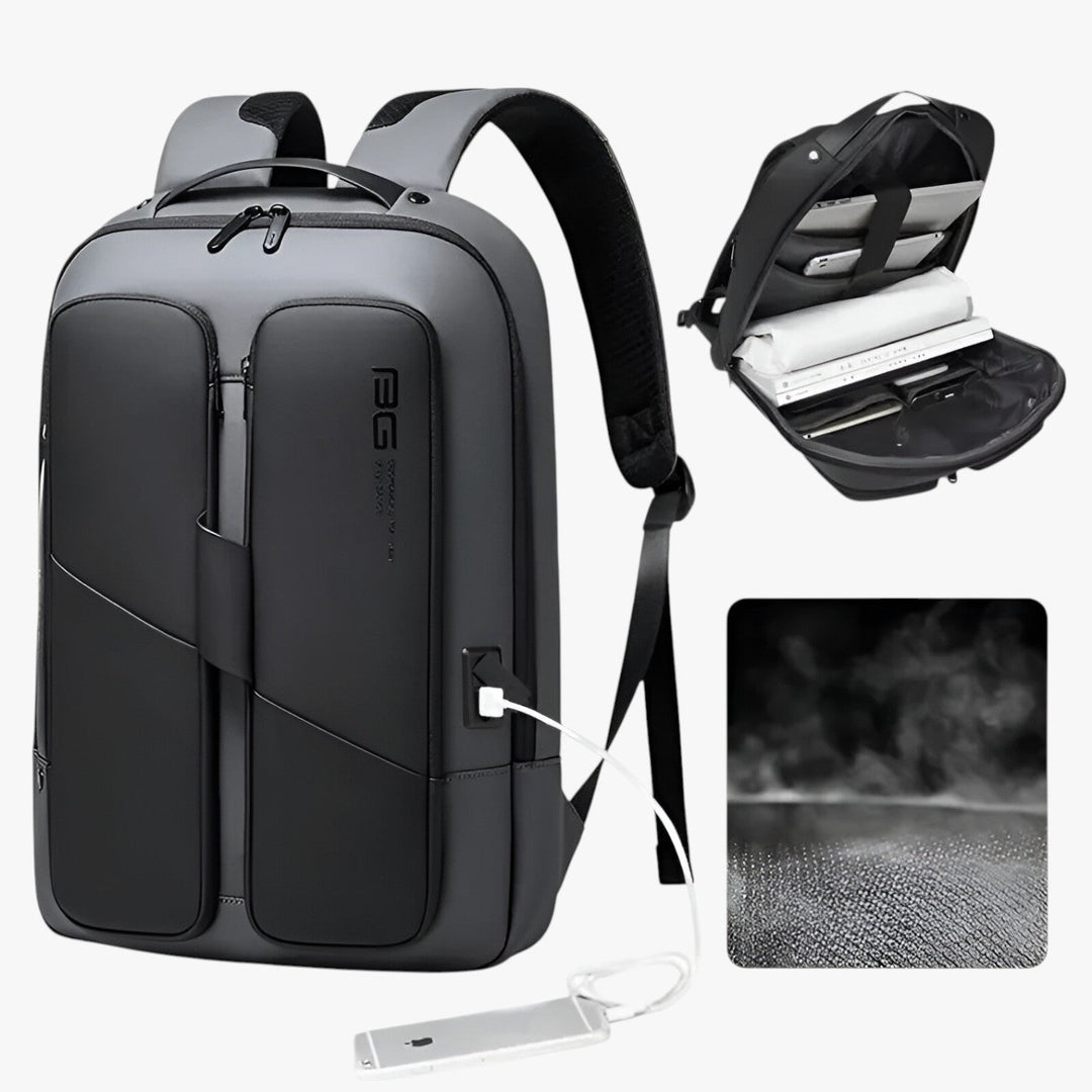 Zaino porta laptop nero resistente per uomo, con spallacci imbottiti e schienale ergonomico, ideale per l'ufficio.