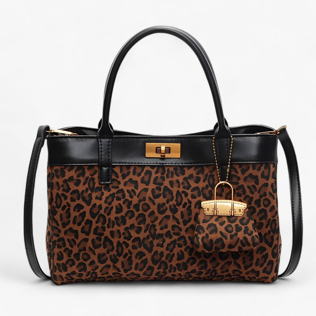Borsa tote donna leopardata, marrone caffè. Accessorio moda elegante e pratico, stile safari per un tocco unico.
