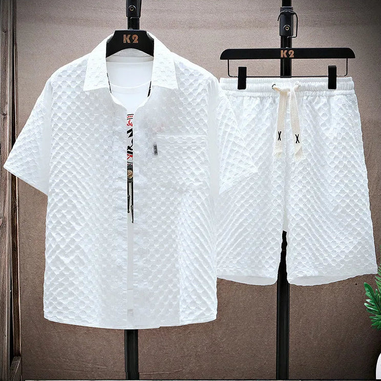 Completo uomo due pezzi nido d'ape casual estivo con shorts e maglia comoda per il relax.