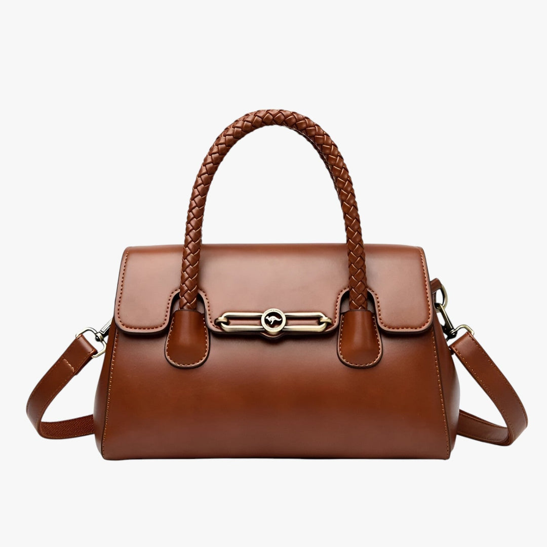 Dettaglio chiusura borsa a mano marrone donna, compatta e versatile, accessorio elegante in sintetico.