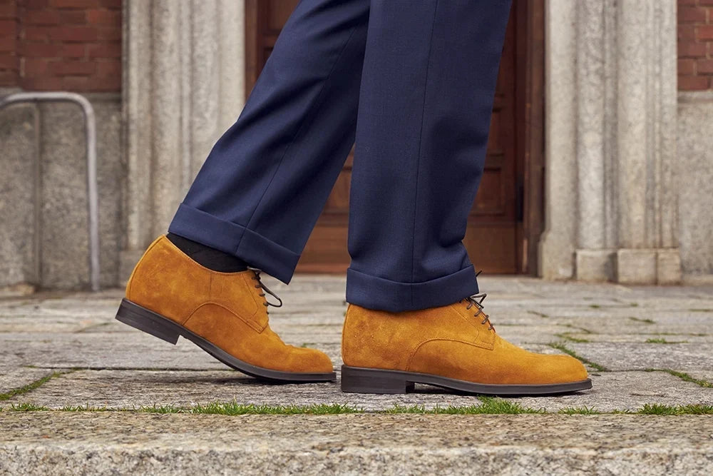Eleganti scarpe Derby da uomo color cammello, rialzate. Perfette per stile formale e casual. Aumento statura.