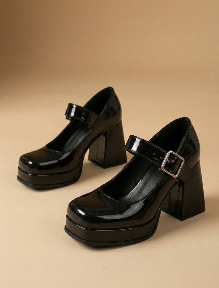 Eleganti Mary Jane da donna lucide con plateau e tacco grosso. Perfette per un look alla moda e da festa.