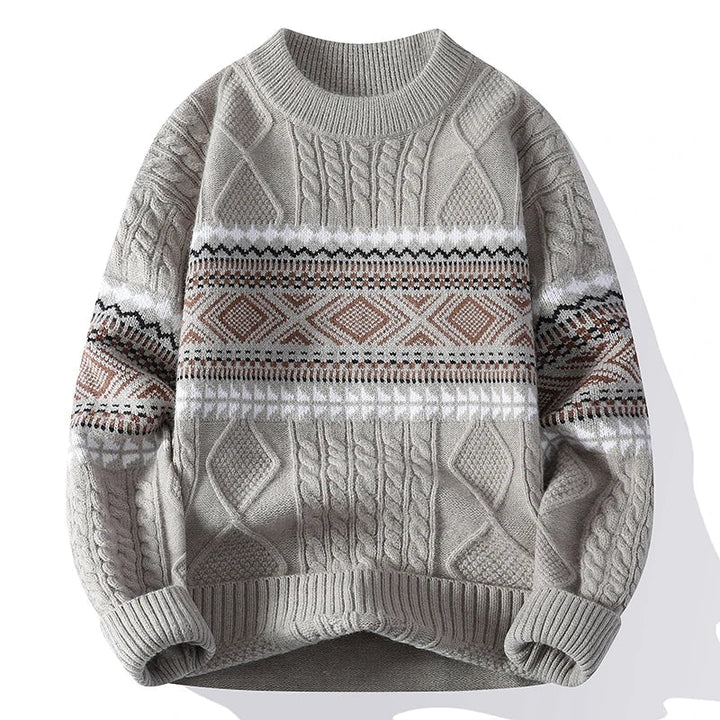 Maglione uomo invernale a girocollo con fantasia geometrica. Caldo e di tendenza, ideale per un look casual.