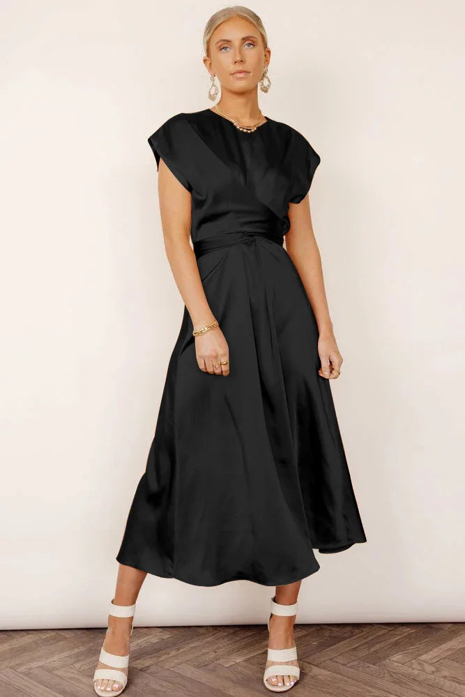 Abito borgogna midi per donna, elegante e versatile, ottimo per matrimoni e eventi formali.