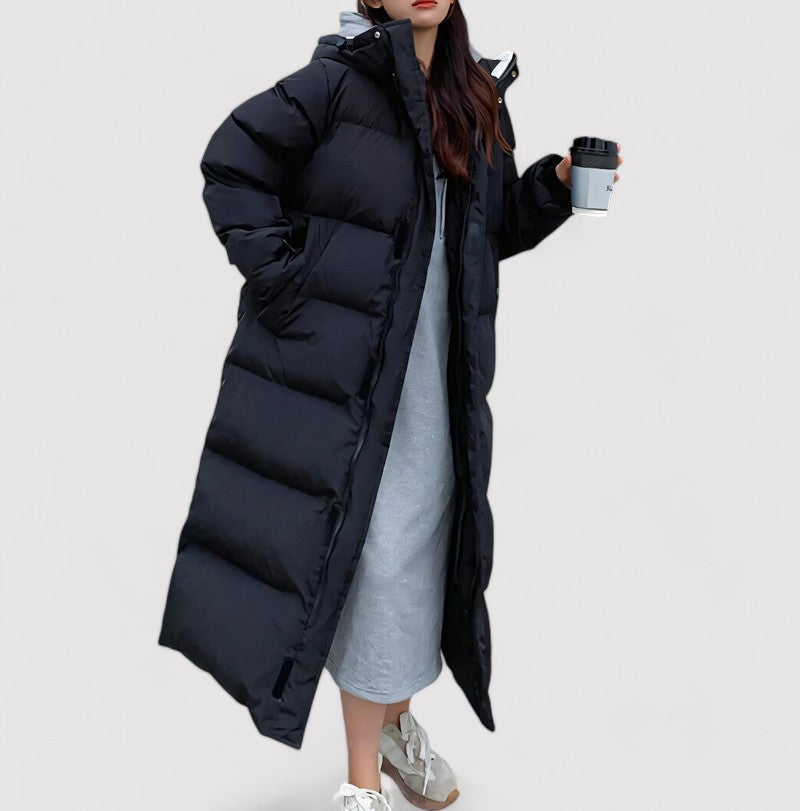 Parka donna lungo e caldo, impermeabile, con cappuccio. Giacca invernale resistente per un abbigliamento alla moda.