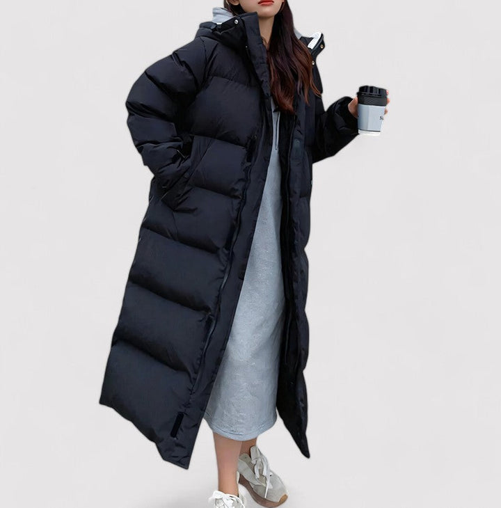 Parka donna lungo e caldo, impermeabile, con cappuccio. Giacca invernale resistente per un abbigliamento alla moda.