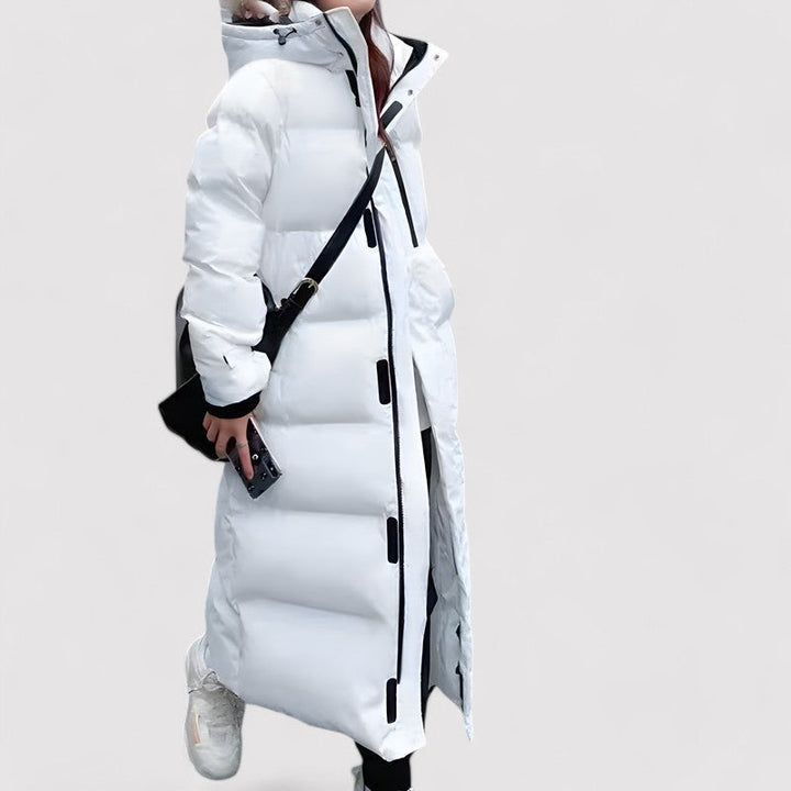 Giacca invernale lunga donna con cappuccio. Parka impermeabile, resistente, ideale per outfit invernali caldi e protettivi.