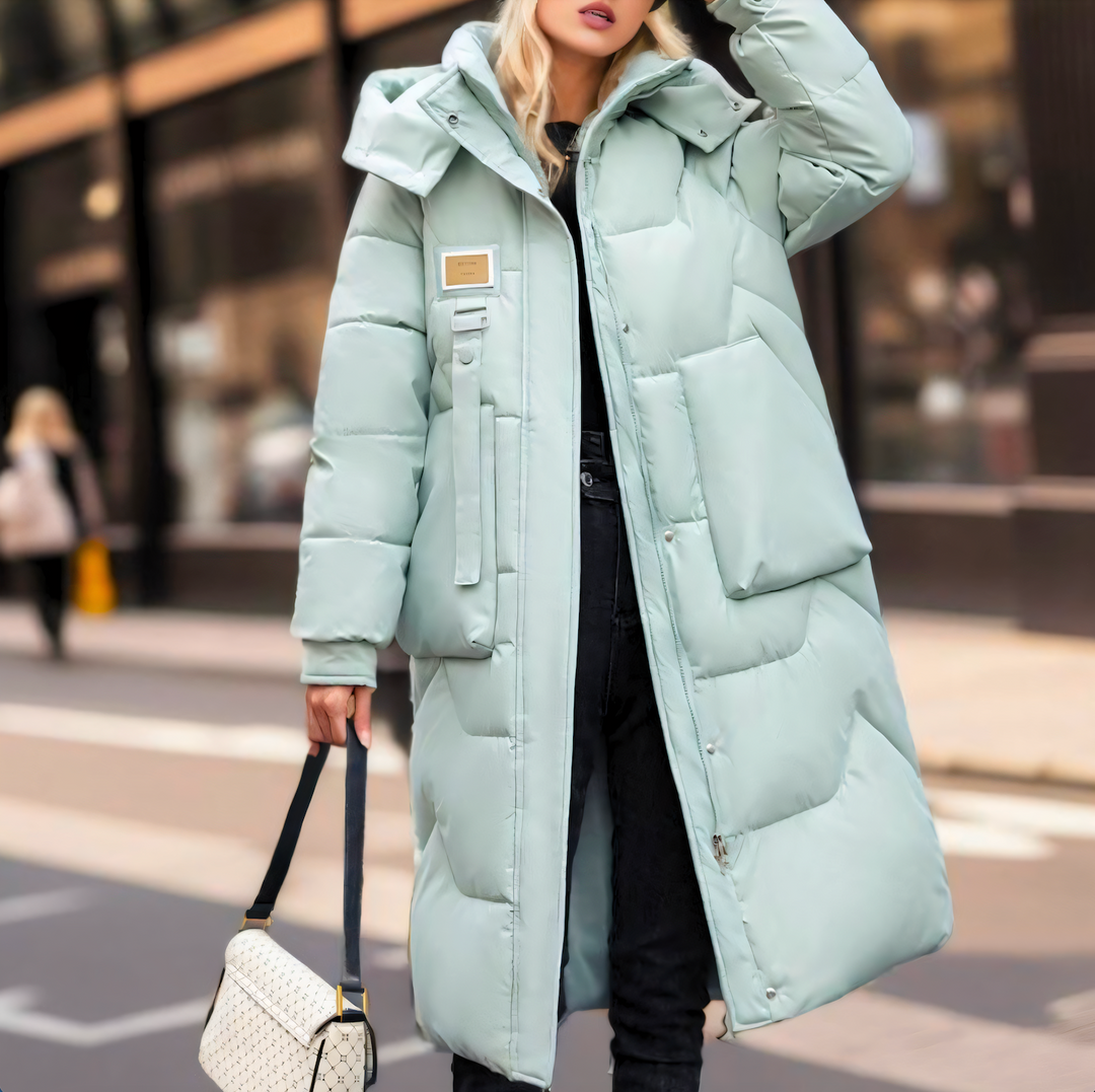 Cappotto lungo invernale da donna, design moderno trapuntato, impermeabile, antivento, perfetto per ogni outfit.