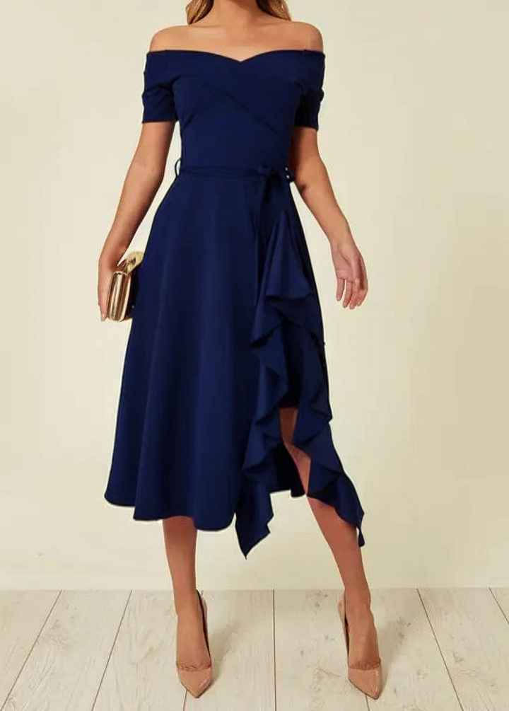 Abito da donna off-shoulder sagomato blu elegante, perfetto per primavera/estate e serate speciali.