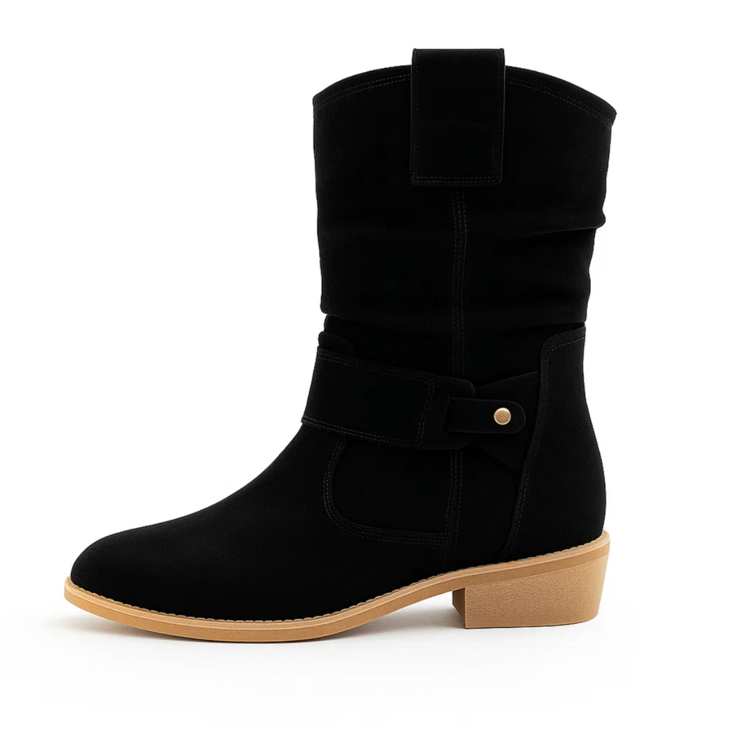 Moda calzature donna: stivaletti eleganti con zip laterale e comodo tacco basso, perfetti inverno.