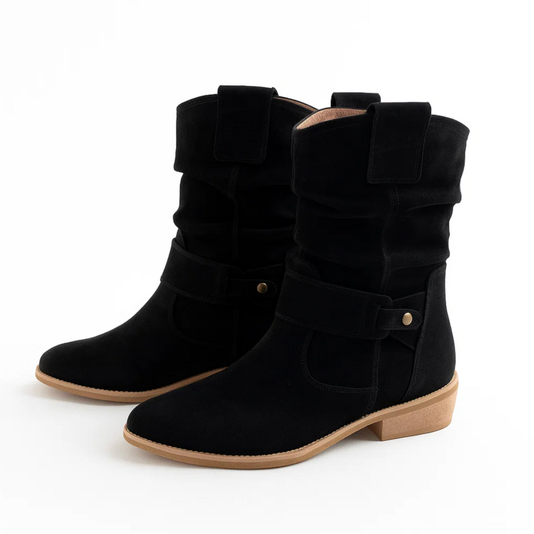 Stivaletti invernali donna con zip laterale, tacco basso, ideali per outfit eleganti e versatili.