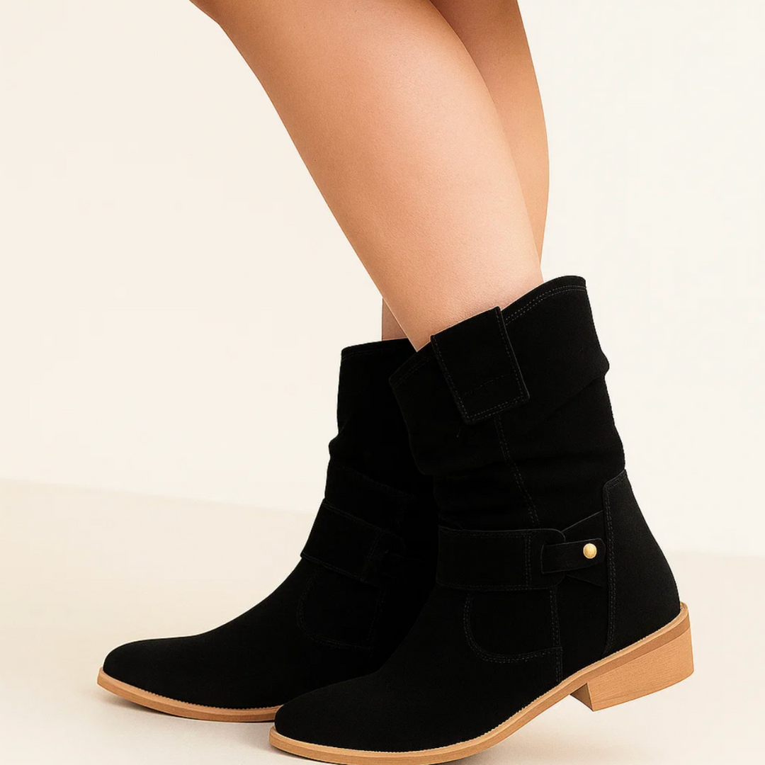Calzature moda donna: stivaletti eleganti con tacco basso e zip, perfetti per l'inverno.