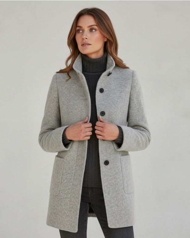 Cappotto corto donna monopetto elegante, stile moderno per l'autunno-inverno.
