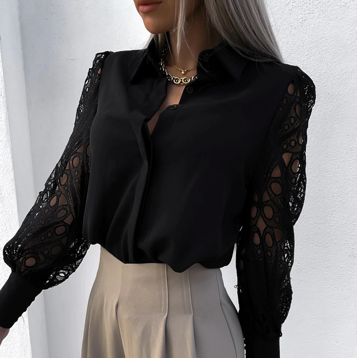 Camicetta donna a maniche lunghe, vestibilità comoda. Blusa elegante e versatile con colletto strutturato per ogni occasione.