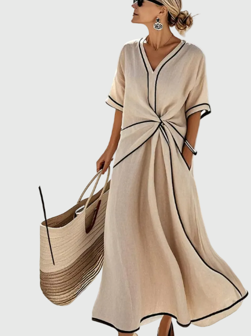 Vestito maxi drappeggiato da donna, elegante per cerimonia autunnale, ospite matrimonio. Stile chic e comodo per la sera.