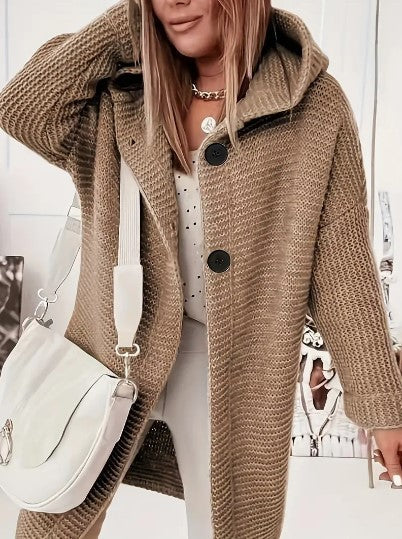 Cardigan donna con cappuccio, essenziale per la moda comoda, versatile per ogni occasione. Look elegante.