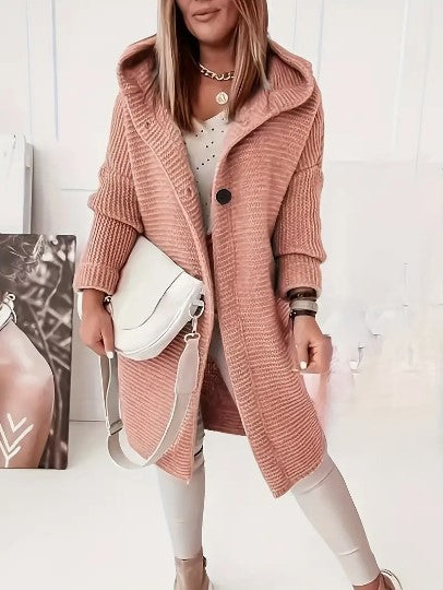 Cardigan donna con cappuccio, elegante e comodo, perfetto per le fresche serate primaverili.