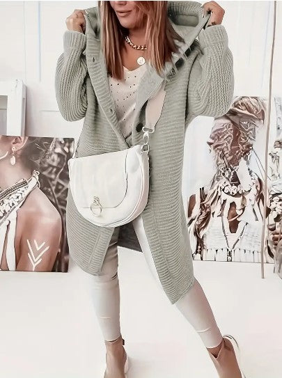 Cardigan casual oversize da donna con cappuccio, comodo e trendy, perfetto per la primavera. Moda.