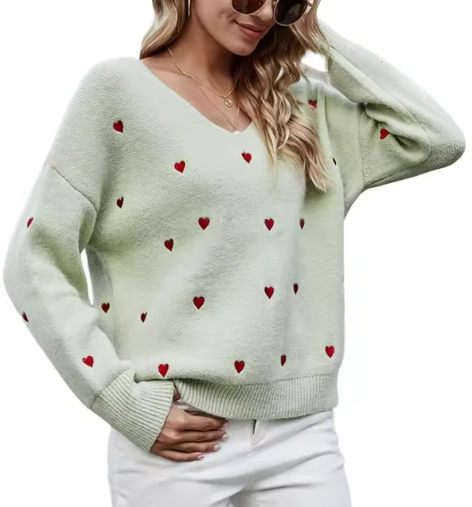 Morbido maglione da donna in maglieria a V, con motivo a cuore per autunno inverno elegante e comodo.