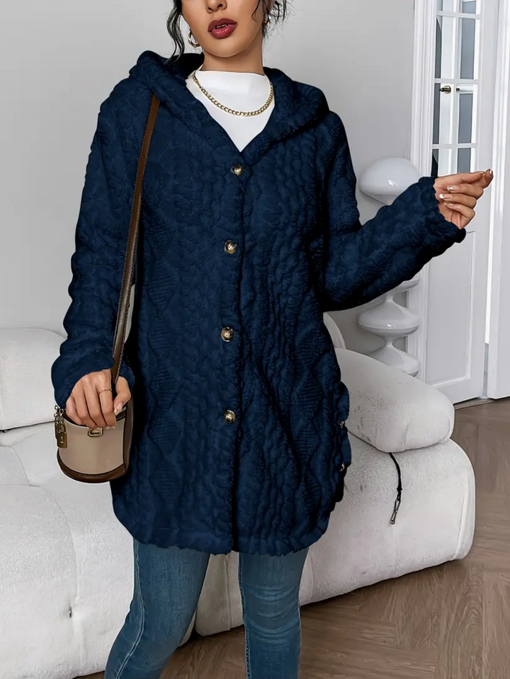Cardigan donna casual con cappuccio, maglia trecce, morbido teddy, perfetto per l'abbigliamento quotidiano.