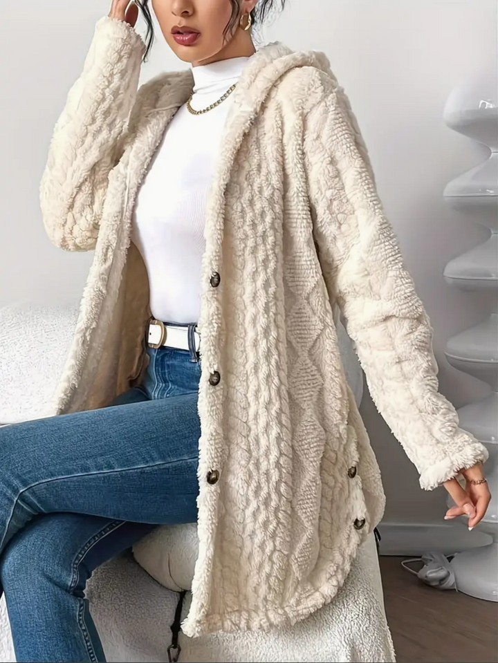 Cardigan oversize donna comodo con cappuccio, maglia trecce per un look casual caldo e avvolgente.