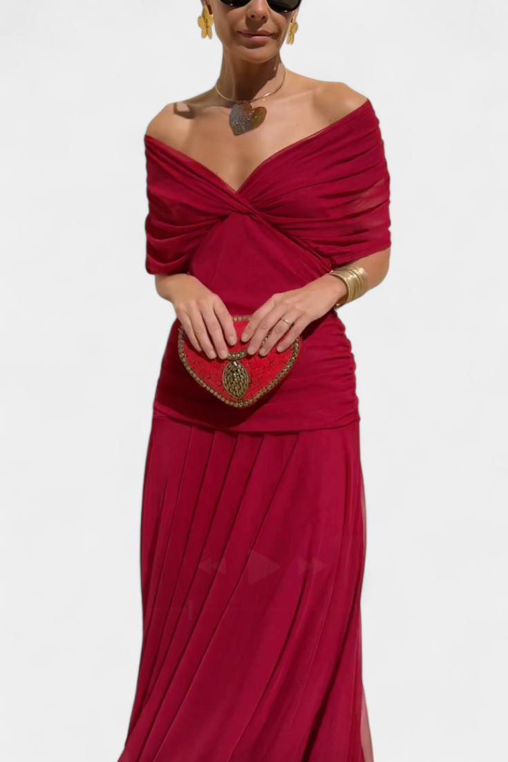 Abito da cerimonia floreale, lunghezza maxi, scollo a V. Vestito donna elegante e fluido.